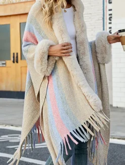 Women's Cloak / Capes Outdoor Street Daily Wear Fall Winter Regular Coat Regular Fit Thermal Warm Breathable Stylish Casual Jacket Long Sleeve Stripe Faux Fur Trim Khaki Apricot Gray