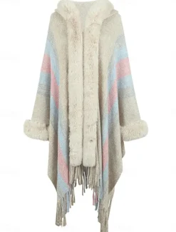 Women's Cloak / Capes Outdoor Street Daily Wear Fall Winter Regular Coat Regular Fit Thermal Warm Breathable Stylish Casual Jacket Long Sleeve Stripe Faux Fur Trim Khaki Apricot Gray