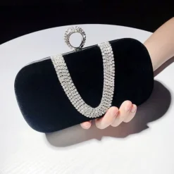 Women's Clutch Evening Bag Wristlet Clutch Bags Velvet Party Valentine's Day Bridal Shower Rhinestone Crystals Chain Large Capacity Lightweight Durable Solid Color Black Red Blue