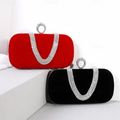 Women's Clutch Evening Bag Wristlet Clutch Bags Velvet Party Valentine's Day Bridal Shower Rhinestone Crystals Chain Large Capacity Lightweight Durable Solid Color Black Red Blue