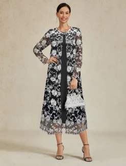 Women's Coat Breathable Lace Embroidered Elegant Floral Formal Wedding Party Long Crewneck Loose Fit Long Sleeve Outerwear Black Summer Spring