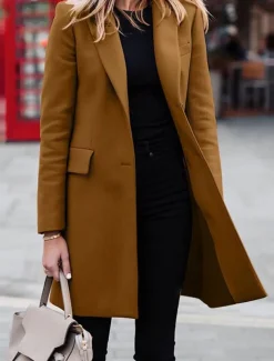 Women's Coat Outdoor Office Street Fall Winter Long Coat Regular Fit Thermal Warm Breathable Stylish Casual Jacket Long Sleeve Plain with Pockets Black Red Coffee