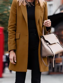 Women's Coat Outdoor Office Street Fall Winter Long Coat Regular Fit Thermal Warm Breathable Stylish Casual Jacket Long Sleeve Plain with Pockets Black Red Coffee