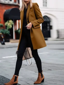 Women's Coat Outdoor Office Street Fall Winter Long Coat Regular Fit Thermal Warm Breathable Stylish Casual Jacket Long Sleeve Plain with Pockets Black Red Coffee