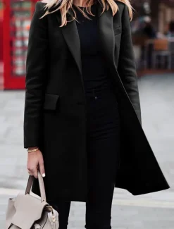 Women's Coat Outdoor Office Street Fall Winter Long Coat Regular Fit Thermal Warm Breathable Stylish Casual Jacket Long Sleeve Plain with Pockets Black Red Coffee