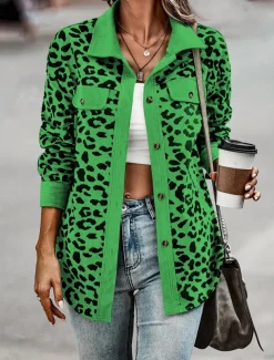 Women's Coat Outdoor Street Daily Spring Fall Regular Coat Regular Fit Windproof Breathable Stylish Casual Street Style Jacket Long Sleeve Leopard Print Army Green Green Apricot