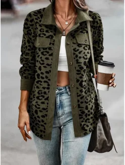 Women's Coat Outdoor Street Daily Spring Fall Regular Coat Regular Fit Windproof Breathable Stylish Casual Street Style Jacket Long Sleeve Leopard Print Army Green Green Apricot