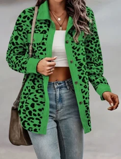 Women's Coat Outdoor Street Daily Spring Fall Regular Coat Regular Fit Windproof Breathable Stylish Casual Street Style Jacket Long Sleeve Leopard Print Army Green Green Apricot