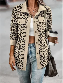 Women's Coat Outdoor Street Daily Spring Fall Regular Coat Regular Fit Windproof Breathable Stylish Casual Street Style Jacket Long Sleeve Leopard Print Army Green Green Apricot