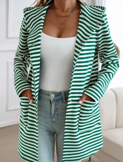 Women's Coat Outdoor Street Daily Wear Fall Winter Regular Coat Regular Fit Thermal Warm Breathable Stylish Casual Jacket Long Sleeve Stripe with Pockets Print Black Blue Brown