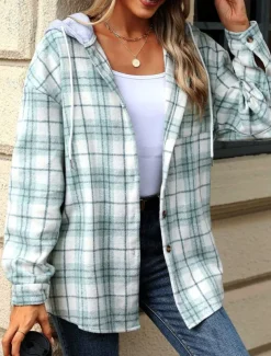 Women's Coat Outdoor Street Daily Wear Fall Winter Regular Coat Regular Fit Thermal Warm Breathable Stylish Casual Jacket Long Sleeve Stripes and Plaid with Pockets Green