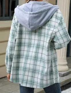 Women's Coat Outdoor Street Daily Wear Fall Winter Regular Coat Regular Fit Thermal Warm Breathable Stylish Casual Jacket Long Sleeve Stripes and Plaid with Pockets Green