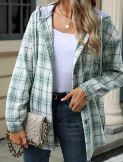 Women's Coat Outdoor Street Daily Wear Fall Winter Regular Coat Regular Fit Thermal Warm Breathable Stylish Casual Jacket Long Sleeve Stripes and Plaid with Pockets Green