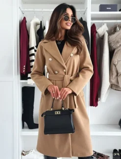 Women's Coat Warm Comfortable Buttons With Belt Elegant Solid Color Casual Daily Double Breasted V Neck Regular Fit Long Sleeve Outerwear Black Khaki Apricot Winter