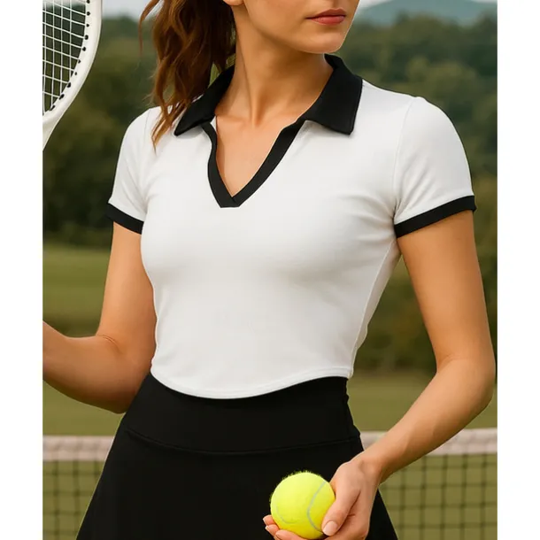 Women's Color Block Tennis Top Short Sleeves Sweat-Wicking Moisture Wicking Breathable Tennis Golf Pickleball Turndown Black White Tennis Clothing