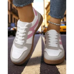 Women's Colorblock Lace-Up Casual Sneakers - Sporty College Style Walking Shoes for Daily Wear and Street Outfits