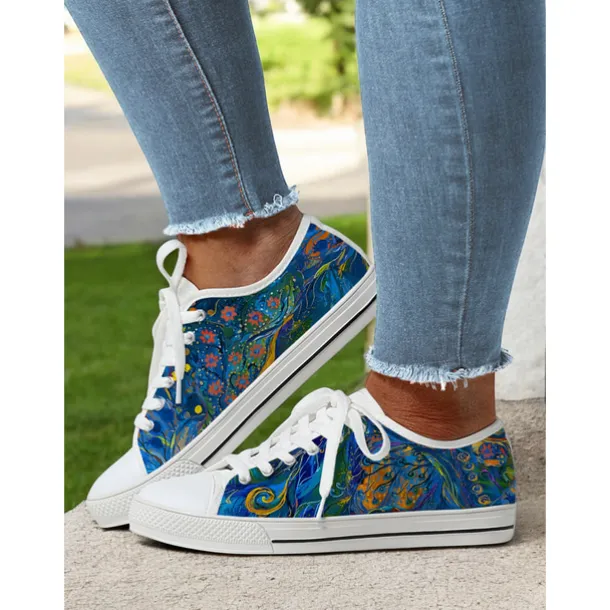 Women's Colorful Artistic Lace-Up Sneakers - Vibrant Patterned Casual Canvas Shoes for Spring and Summer