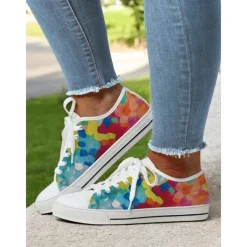 Women's Colorful Artistic Lace-Up Sneakers - Vibrant Patterned Casual Canvas Shoes for Spring and Summer