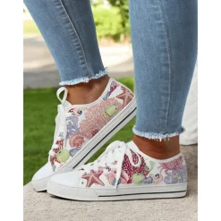 Women's Colorful Artistic Lace-Up Sneakers - Vibrant Patterned Casual Canvas Shoes for Spring and Summer