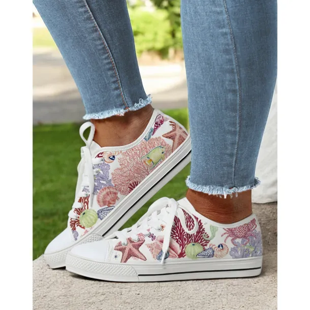 Women's Colorful Artistic Lace-Up Sneakers - Vibrant Patterned Casual Canvas Shoes for Spring and Summer