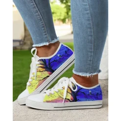 Women's Colorful Artistic Lace-Up Sneakers - Vibrant Patterned Casual Canvas Shoes for Spring and Summer