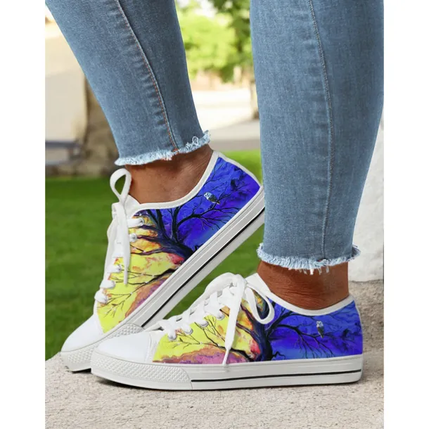 Women's Colorful Artistic Lace-Up Sneakers - Vibrant Patterned Casual Canvas Shoes for Spring and Summer