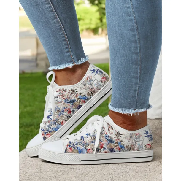 Women's Colorful Artistic Lace-Up Sneakers - Vibrant Patterned Casual Canvas Shoes for Spring and Summer
