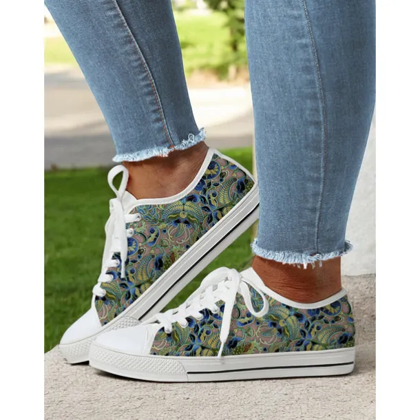 Women's Colorful Artistic Lace-Up Sneakers - Vibrant Patterned Casual Canvas Shoes for Spring and Summer