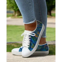 Women's Colorful Artistic Lace-Up Sneakers - Vibrant Patterned Casual Canvas Shoes for Spring and Summer