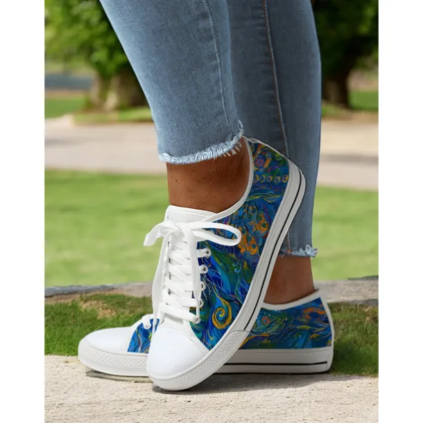 Women's Colorful Artistic Lace-Up Sneakers - Vibrant Patterned Casual Canvas Shoes for Spring and Summer