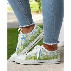 Women's Colorful Artistic Lace-Up Sneakers - Vibrant Patterned Casual Canvas Shoes for Spring and Summer