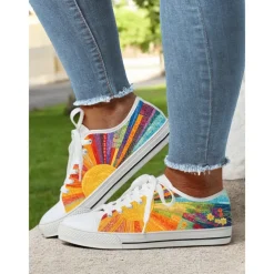 Women's Colorful Artistic Lace-Up Sneakers - Vibrant Patterned Casual Canvas Shoes for Spring and Summer