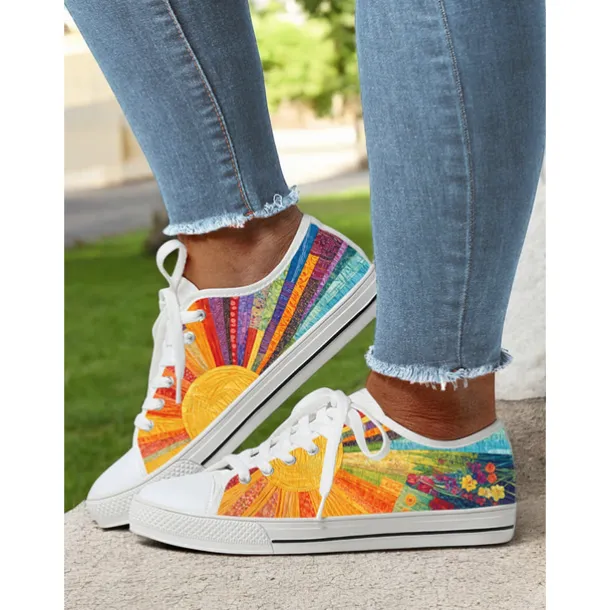 Women's Colorful Artistic Lace-Up Sneakers - Vibrant Patterned Casual Canvas Shoes for Spring and Summer