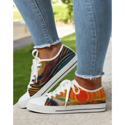 Women's Colorful Artistic Lace-Up Sneakers - Vibrant Patterned Casual Canvas Shoes for Spring and Summer