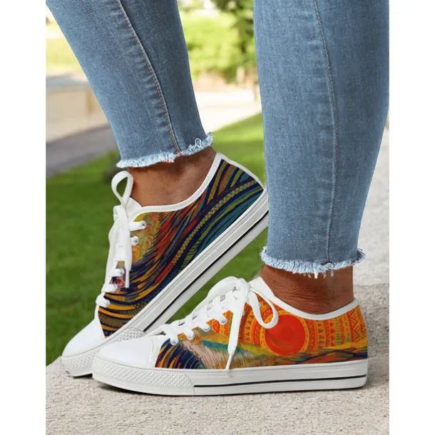 Women's Colorful Artistic Lace-Up Sneakers - Vibrant Patterned Casual Canvas Shoes for Spring and Summer