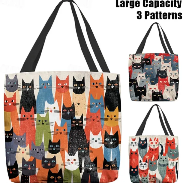 Women's Colorful Cat Pattern Tote Bag - Perfect for Cat Lovers and Everyday Use