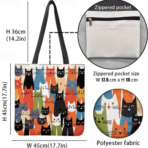 Women's Colorful Cat Pattern Tote Bag - Perfect for Cat Lovers and Everyday Use