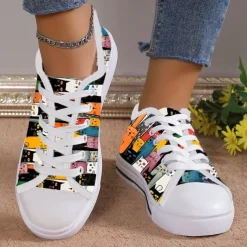Women's Colorful Cat Print Canvas Sneakers – Cute Lace-Up Casual Shoes for Cat Lovers, Daily Wear & Walking