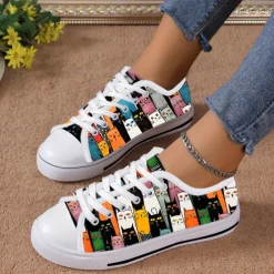 Women's Colorful Cat Print Canvas Sneakers – Cute Lace-Up Casual Shoes for Cat Lovers, Daily Wear & Walking