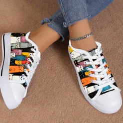 Women's Colorful Cat Print Canvas Sneakers – Cute Lace-Up Casual Shoes for Cat Lovers, Daily Wear & Walking