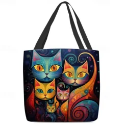 Women's Colorful Cat Print Tote Bag, Artistic Design with Large Capacity, Perfect for Daily Use or Shopping