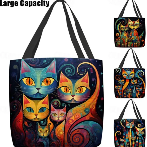 Women's Colorful Cat Print Tote Bag, Artistic Design with Large Capacity, Perfect for Daily Use or Shopping