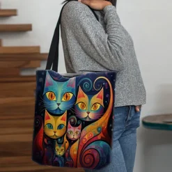 Women's Colorful Cat Print Tote Bag, Artistic Design with Large Capacity, Perfect for Daily Use or Shopping