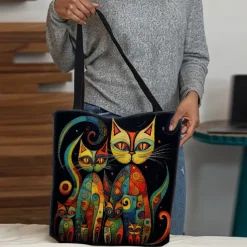 Women's Colorful Cat Print Tote Bag, Artistic Design with Large Capacity, Perfect for Daily Use or Shopping