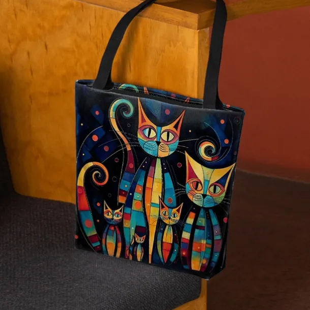 Women's Colorful Cat Print Tote Bag, Artistic Design with Large Capacity, Perfect for Daily Use or Shopping