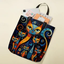 Women's Colorful Cat Print Tote Bag, Artistic Design with Large Capacity, Perfect for Daily Use or Shopping