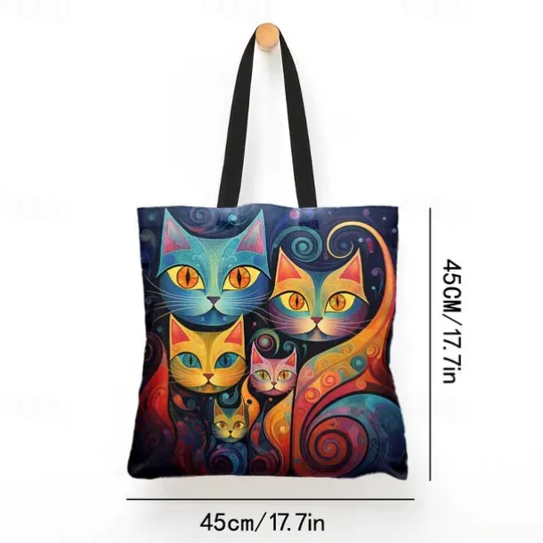 Women's Colorful Cat Print Tote Bag, Artistic Design with Large Capacity, Perfect for Daily Use or Shopping