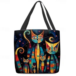Women's Colorful Cat Print Tote Bag, Artistic Design with Large Capacity, Perfect for Daily Use or Shopping