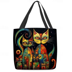 Women's Colorful Cat Print Tote Bag, Artistic Design with Large Capacity, Perfect for Daily Use or Shopping