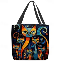Women's Colorful Cat Print Tote Bag, Artistic Design with Large Capacity, Perfect for Daily Use or Shopping